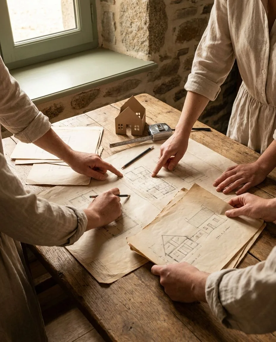 Étude d'un plan de réaménagement, mains sur des croquis